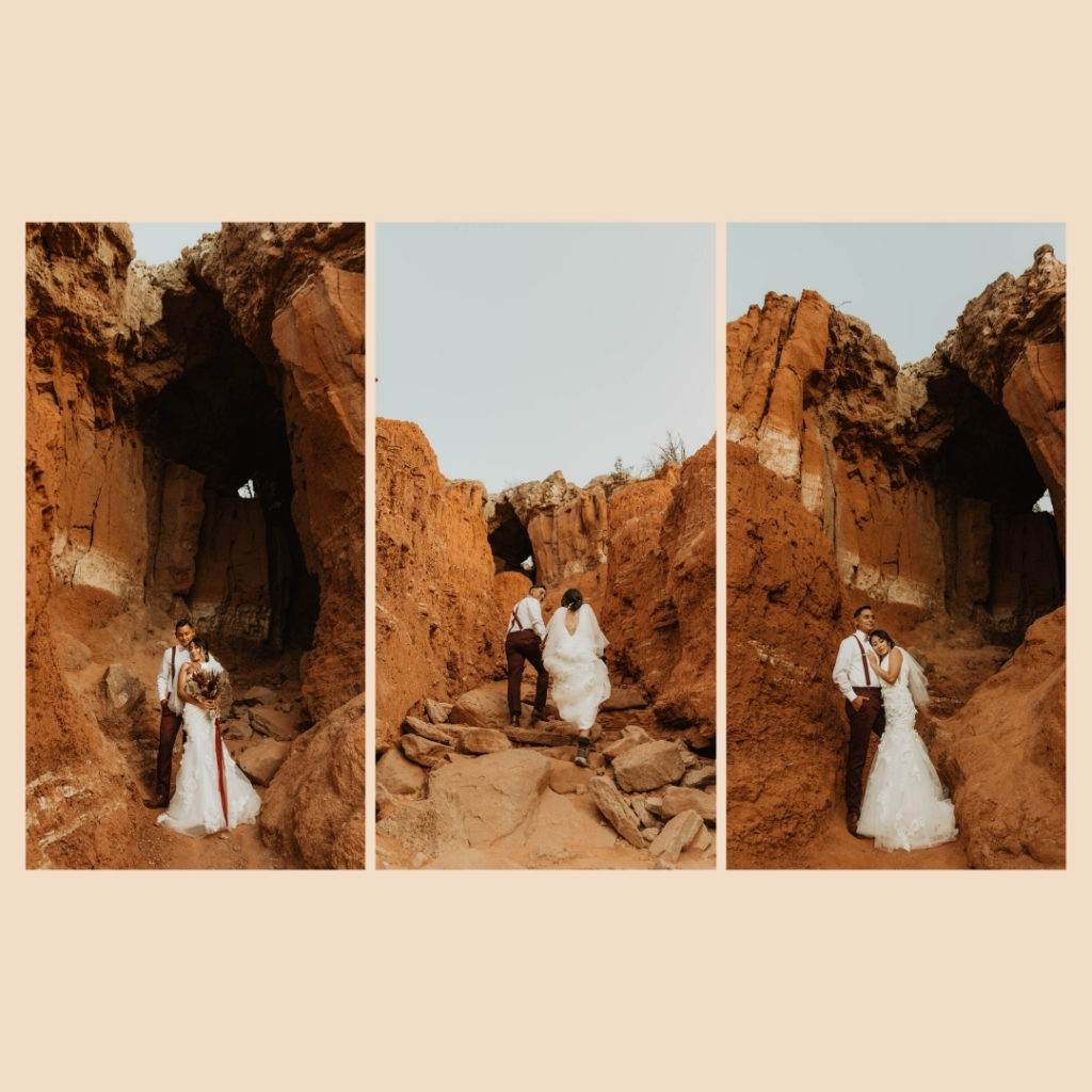 Palo Duro Canyon. bride and groom get ready for fun portraits on red rock at the state park. Cave photos 