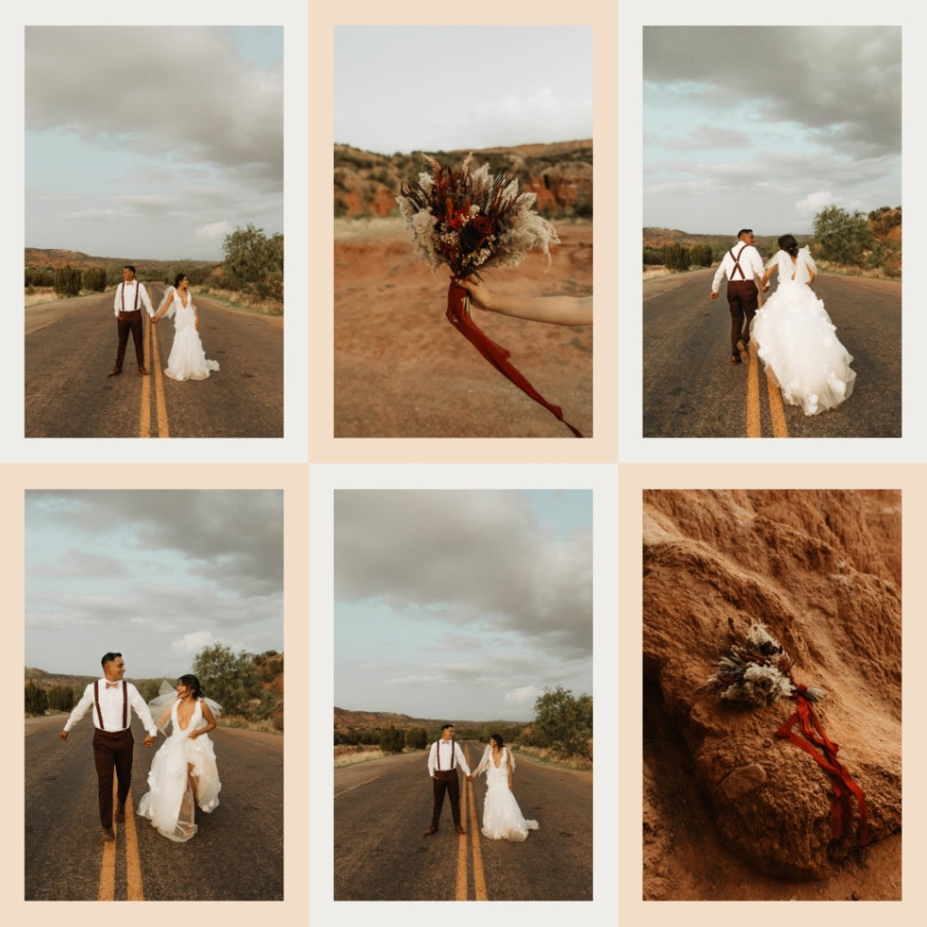 Palo Duro Canyon. bride and groom get ready for fun portraits on red rock at the state park