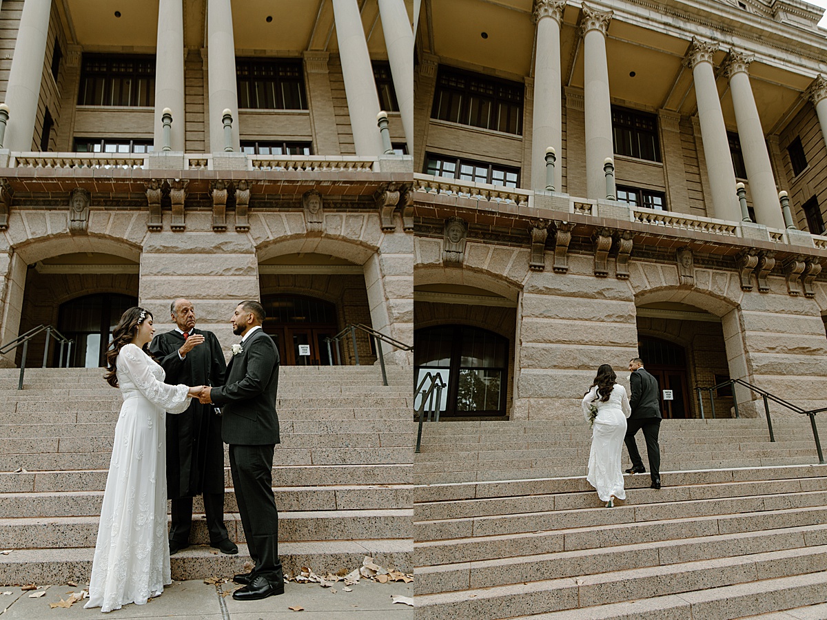 couple eloping and walking up steps of 1910 courthouse