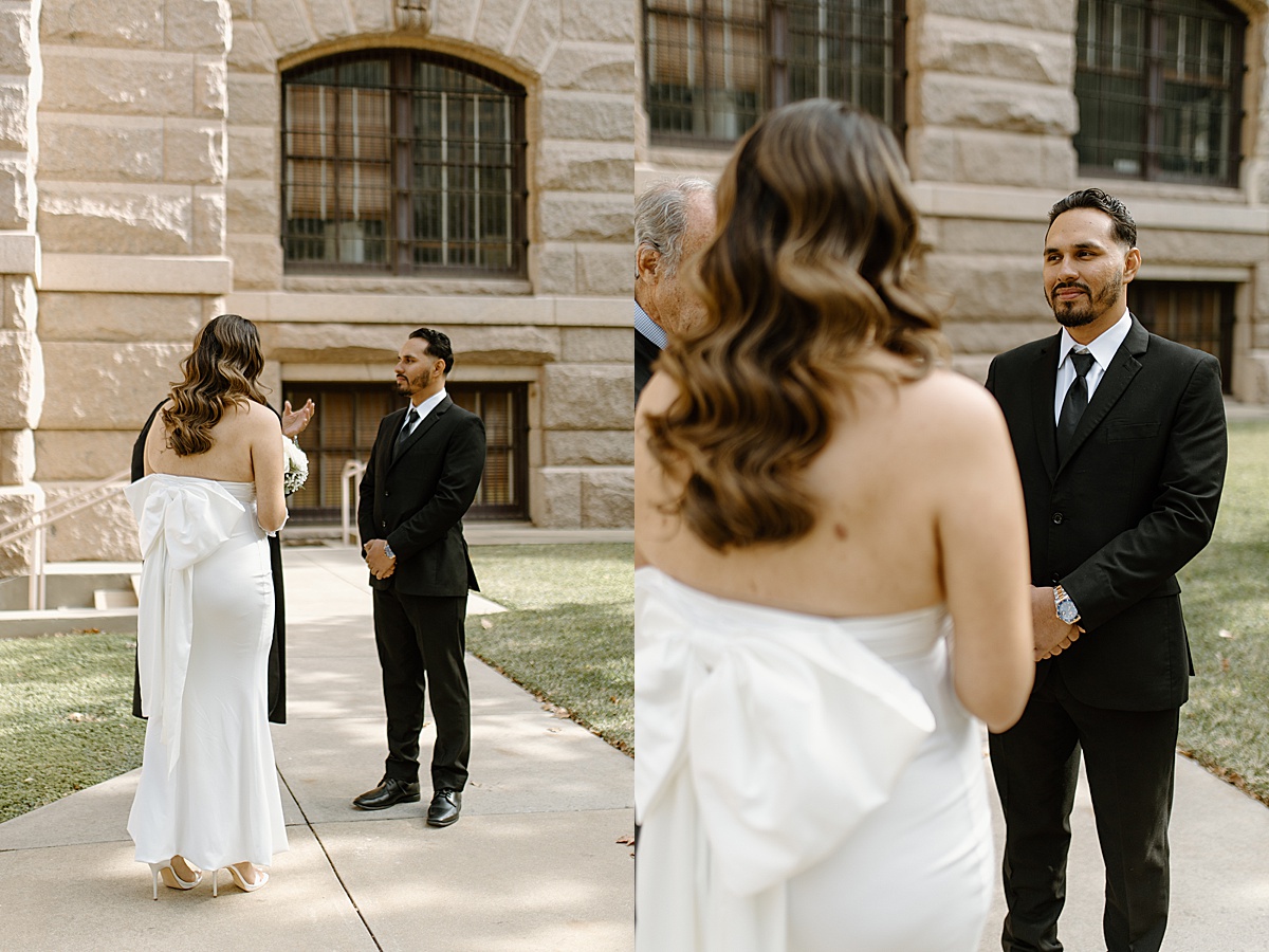 couple looking at each other and smiling while being captured by Patricia Perez Photography 