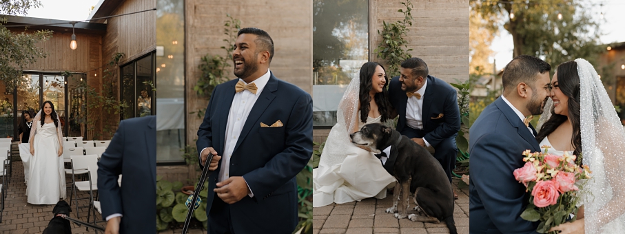 a Couple in wedding attire do a first look with their dog captured by a captured by patricia perez photography