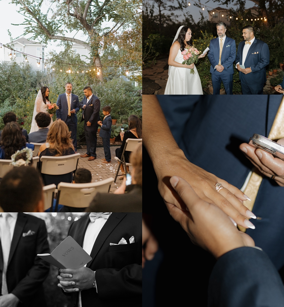 The couple says “I do” beneath glowing string lights at their Houston Intimate Courtyard elopement ceremony.