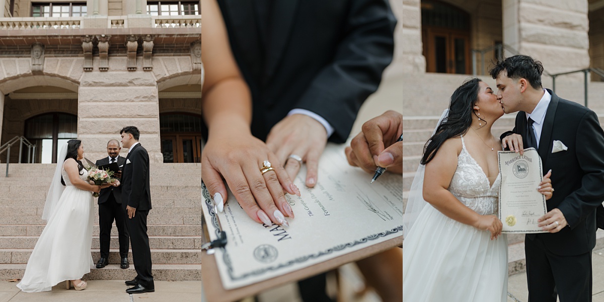 Newlyweds say ‘I do’ with their officiant outside the 1910 historic courthouse in downtown Houston, captured by Patricia Perez photography