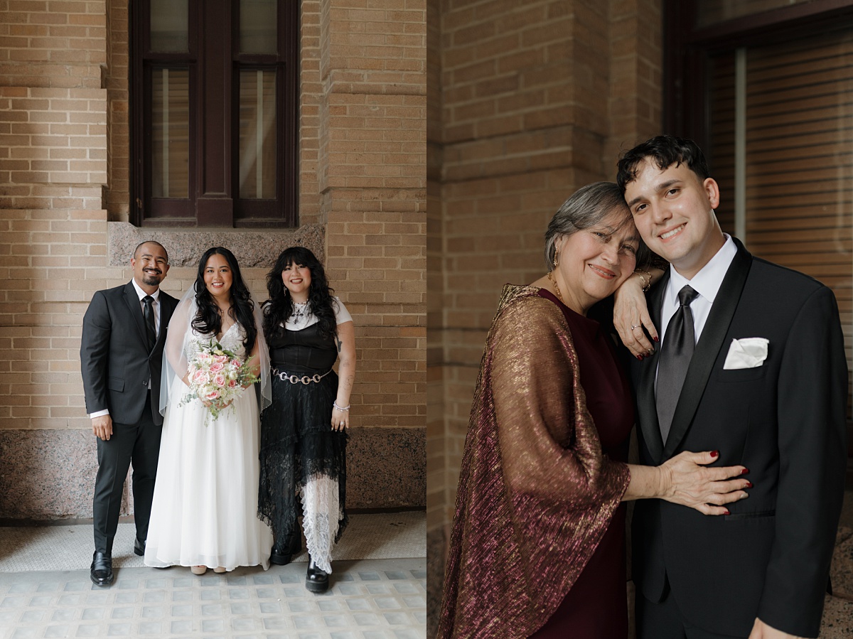 Newlyweds pose for family and friend portraits outside the 1910 Historic Courthouse, captured by a Houston elopement photographer.