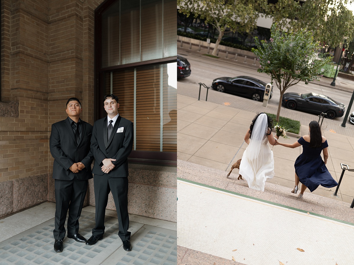 Bride and groom share a moment with their best man and maid of honor in downtown Houston.