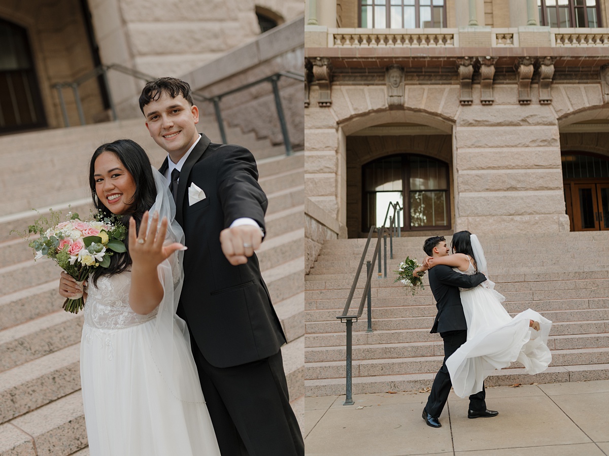 Houston newlyweds show off their wedding bands, captured by a Houston elopement photographer.