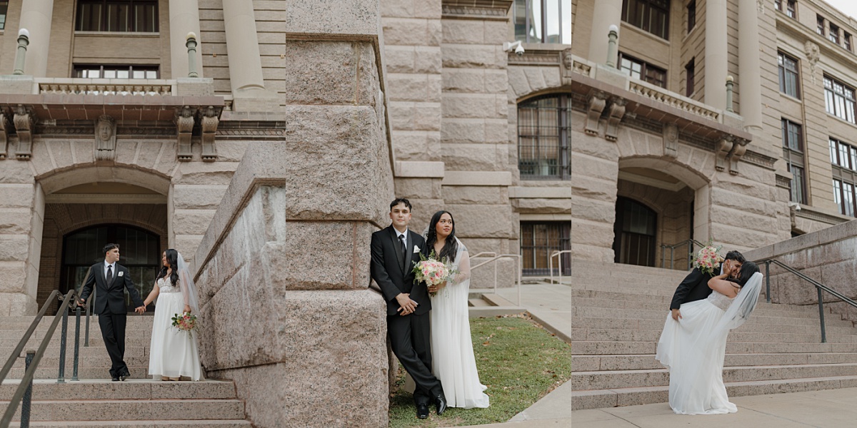 Bride and groom portrait captured by Patricia Perez Photography outside the 1910 historic courthouse in downtown Houston.