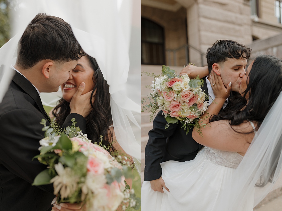 Bride and groom kiss to celebrate their marriage outside the 1910 Historic Courthouse in downtown Houston, captured by Patricia Perez Photography.