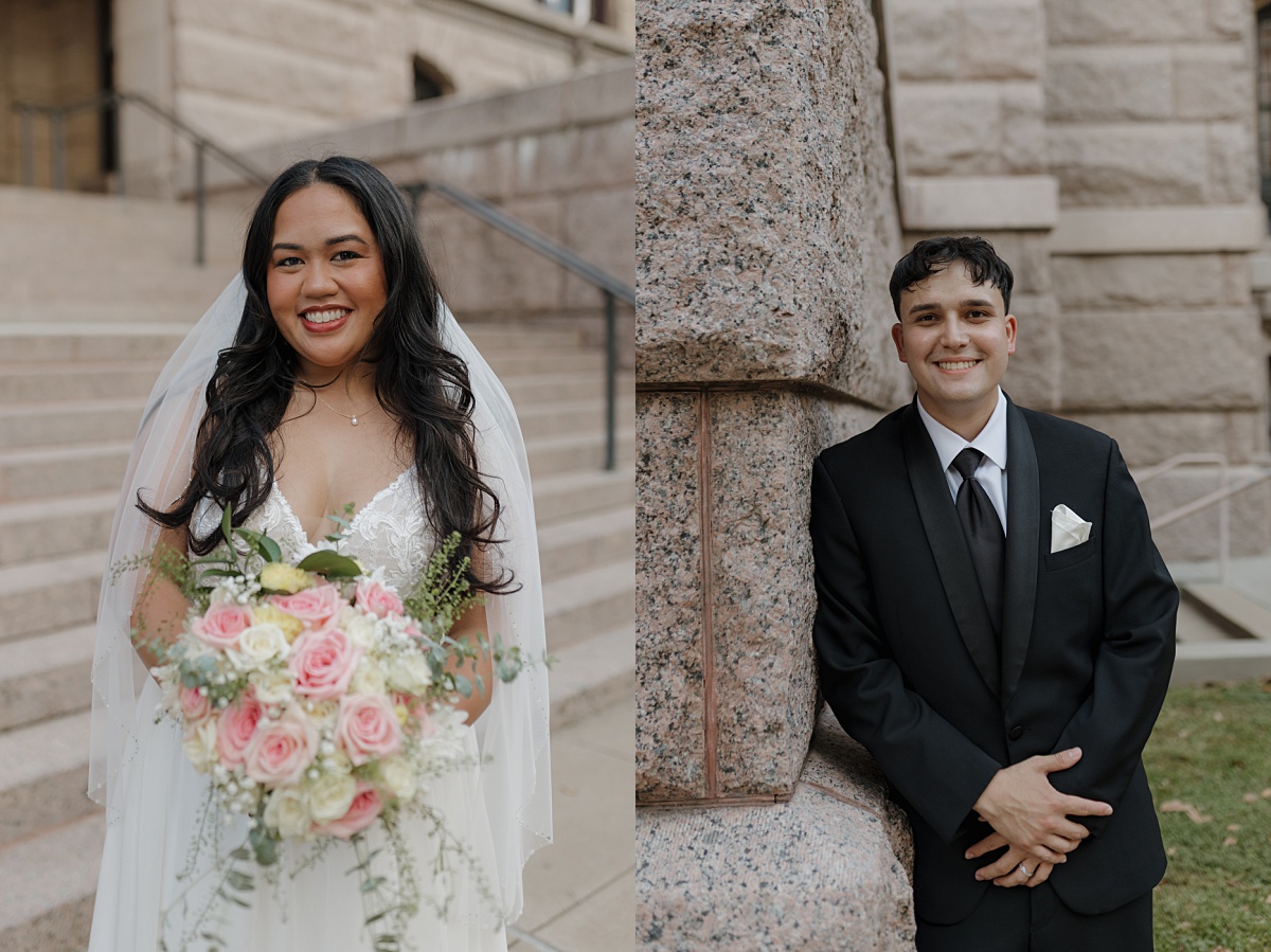 Individual portraits of the bride and groom outside the 1910 Historic Courthouse in downtown Houston, captured by Patricia Perez Photography.