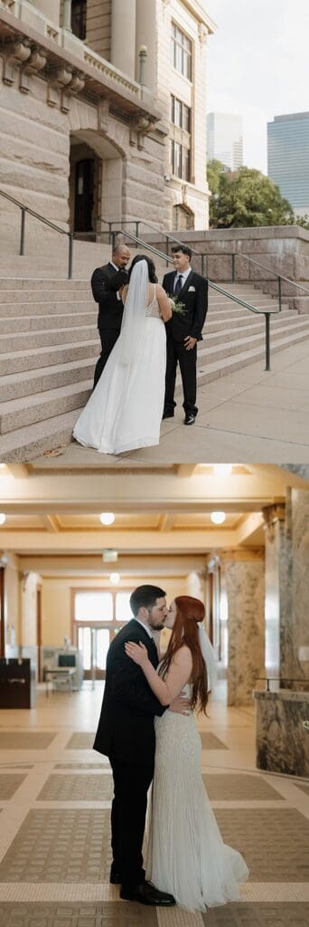 bride and groom having ceremony on the steps of 1910 historic courthouse