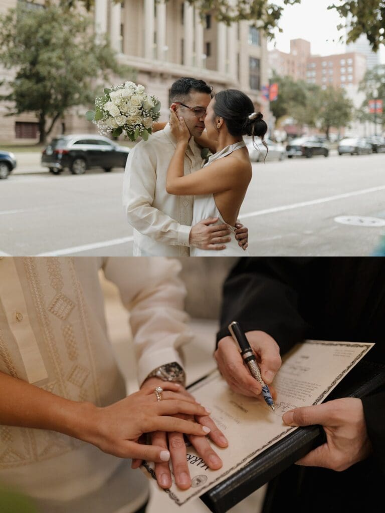 bride and groom outside 1910 historic courthouse 